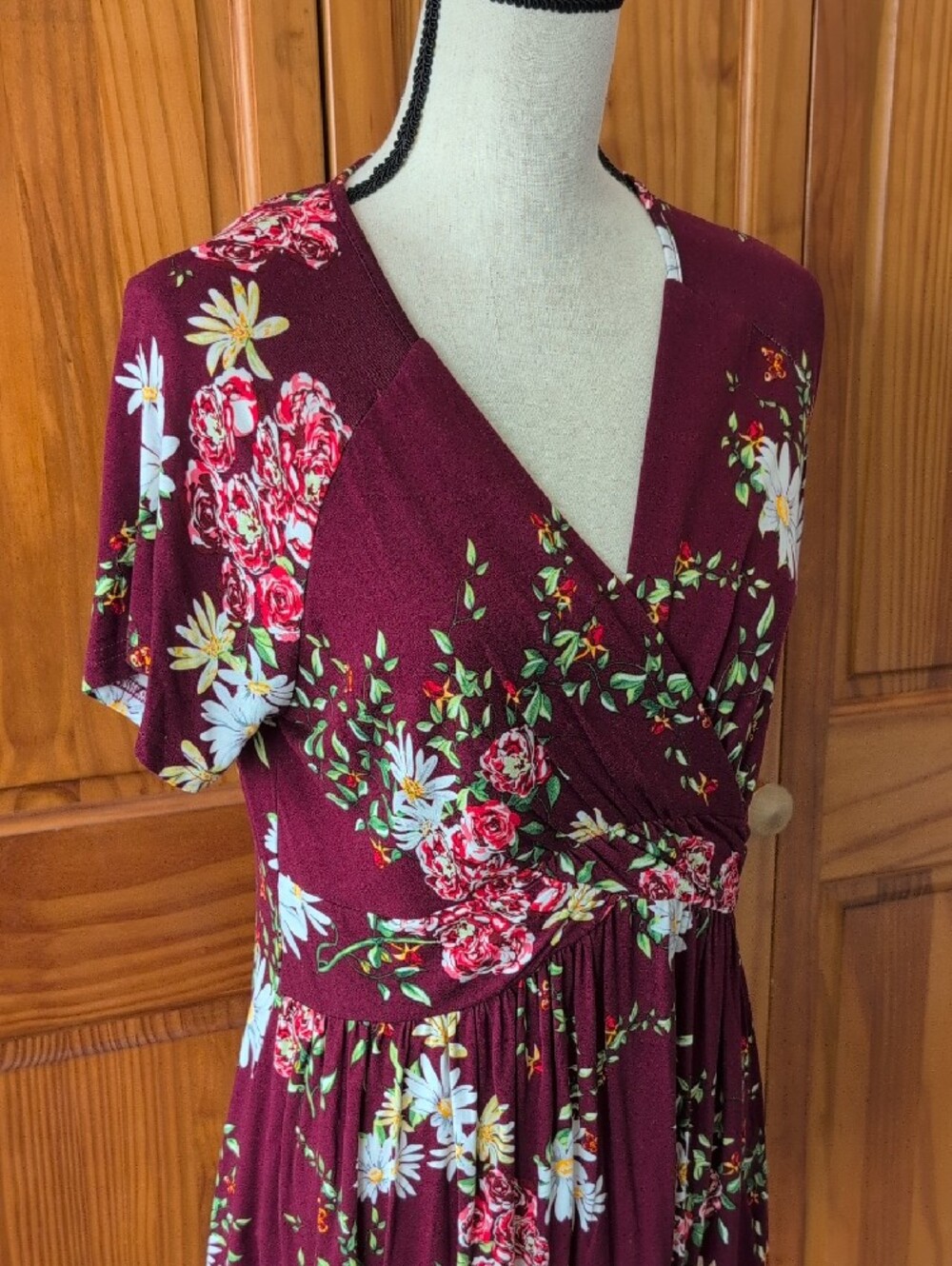 Floral Wrap V-Neck Burgundy Tunic Blouse Top L M513 - Picture 2 of 6